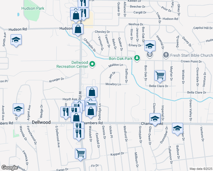 map of restaurants, bars, coffee shops, grocery stores, and more near 1628 Mowbry Lane in St. Louis