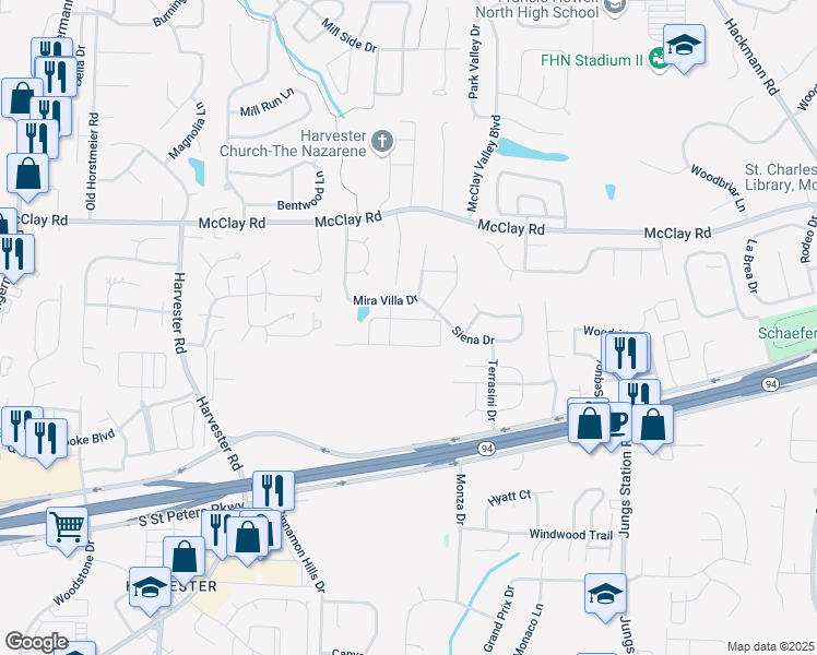 map of restaurants, bars, coffee shops, grocery stores, and more near 611 Saravalle Drive in Saint Peters