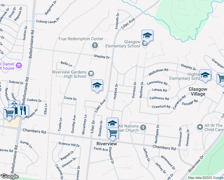 map of restaurants, bars, coffee shops, grocery stores, and more near 563 Dornoch Drive in St. Louis