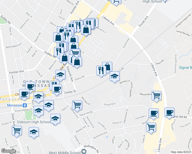 map of restaurants, bars, coffee shops, grocery stores, and more near 8737 Quarry Road in Manassas