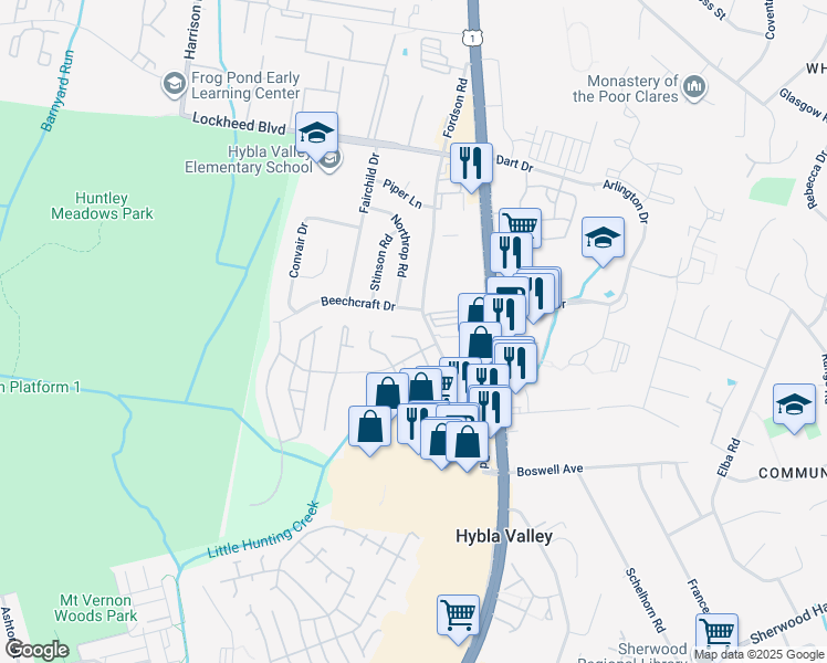 map of restaurants, bars, coffee shops, grocery stores, and more near 7528 Coxton Court in Hybla Valley