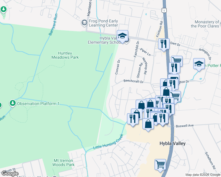 map of restaurants, bars, coffee shops, grocery stores, and more near 7500 Lindberg Drive in Alexandria