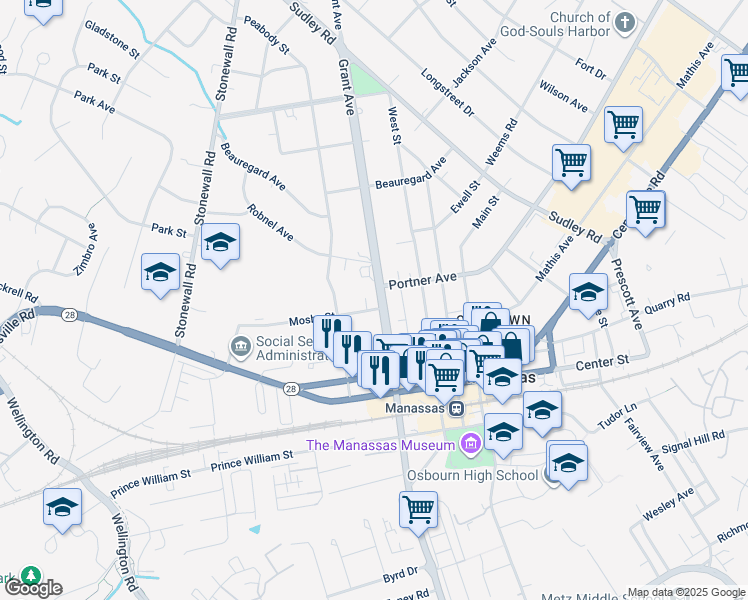 map of restaurants, bars, coffee shops, grocery stores, and more near 9136 Grant Avenue in Manassas