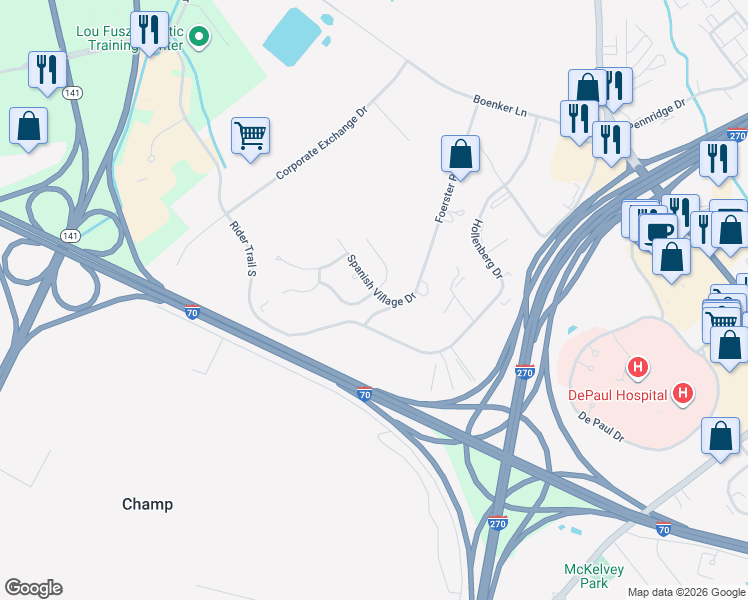 map of restaurants, bars, coffee shops, grocery stores, and more near 12724 San Clemente Drive in Bridgeton