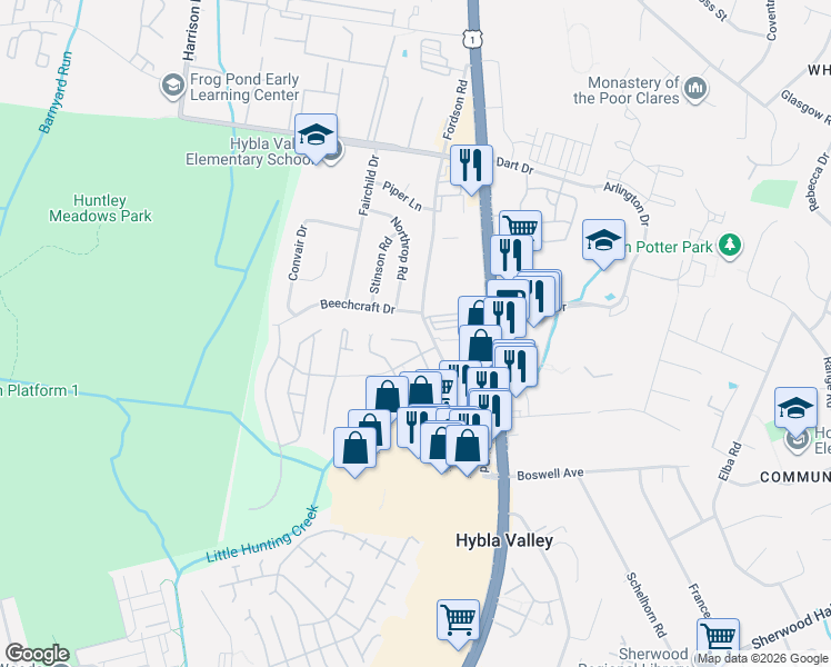 map of restaurants, bars, coffee shops, grocery stores, and more near 7528 Coxton Court in Alexandria