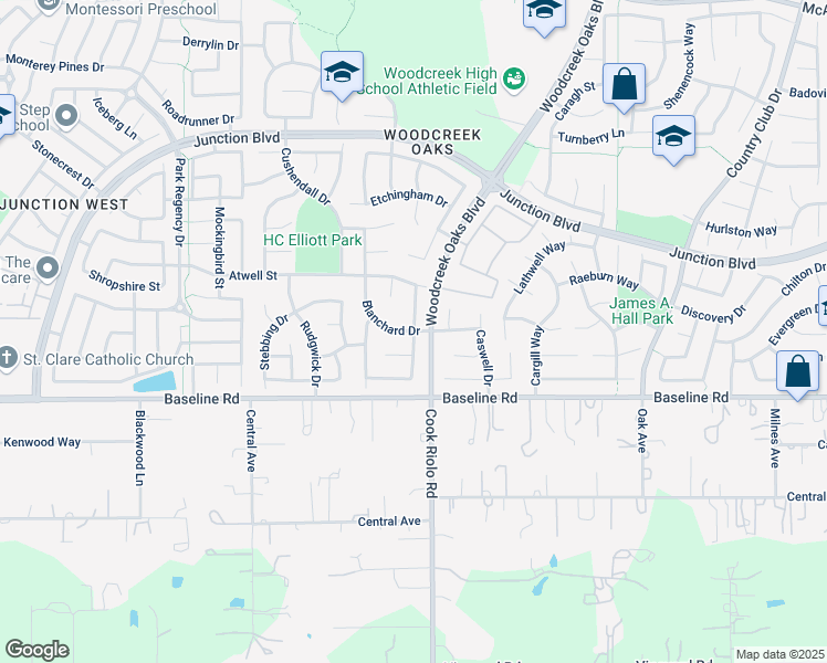 map of restaurants, bars, coffee shops, grocery stores, and more near Blanchard Drive & Caversham Way in Roseville