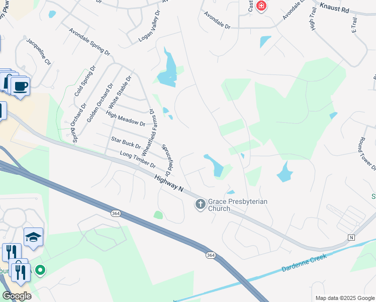 map of restaurants, bars, coffee shops, grocery stores, and more near 326 Meadowlake Drive in Cottleville