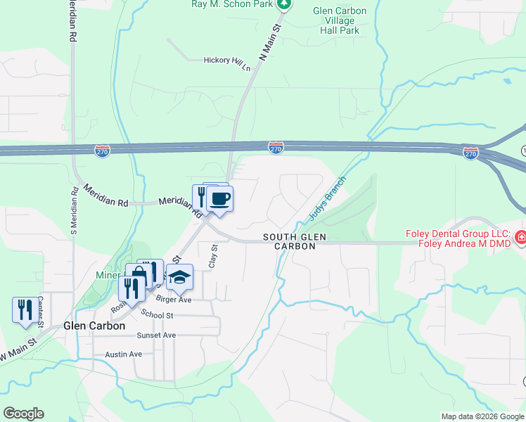 map of restaurants, bars, coffee shops, grocery stores, and more near 16 Englewood Drive in Glen Carbon