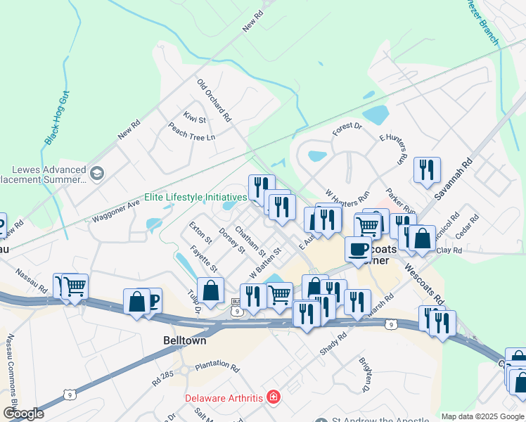 map of restaurants, bars, coffee shops, grocery stores, and more near 17388 North Village Main Boulevard in Lewes