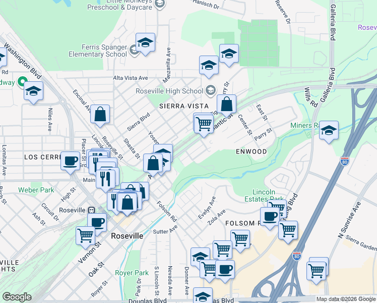 map of restaurants, bars, coffee shops, grocery stores, and more near 600 Atlantic Street in Roseville