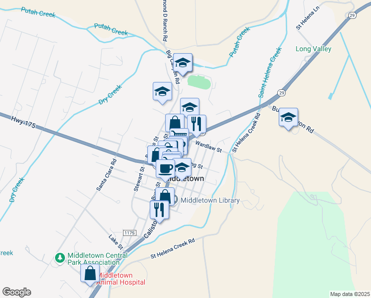 map of restaurants, bars, coffee shops, grocery stores, and more near 21058 Calistoga Rd in Middletown