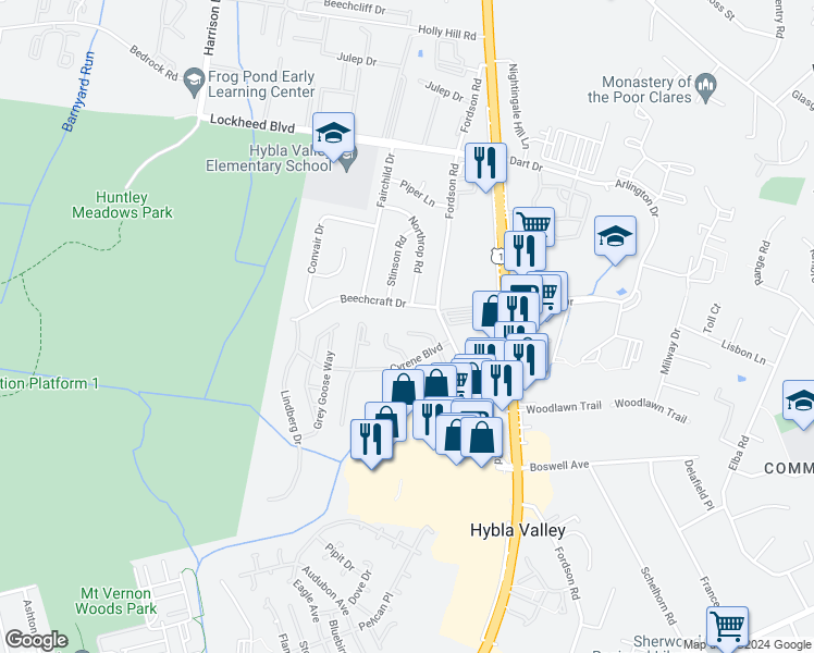 map of restaurants, bars, coffee shops, grocery stores, and more near 7532 Coxton Court in Alexandria