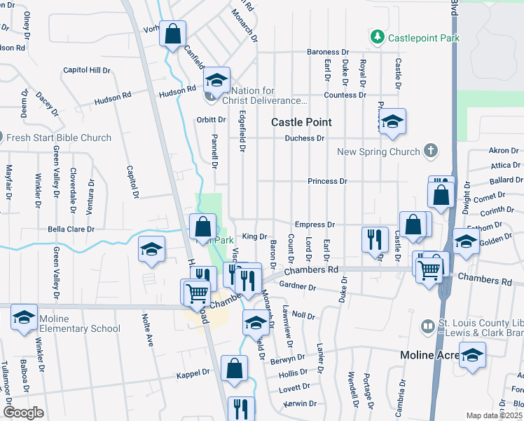 map of restaurants, bars, coffee shops, grocery stores, and more near 10106 Monarch Drive in Saint Louis