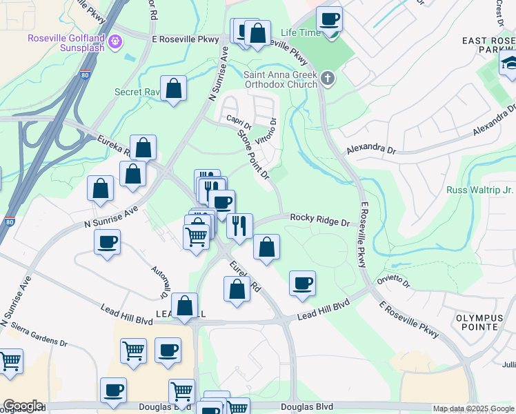 map of restaurants, bars, coffee shops, grocery stores, and more near 1478 Stone Point Drive in Roseville