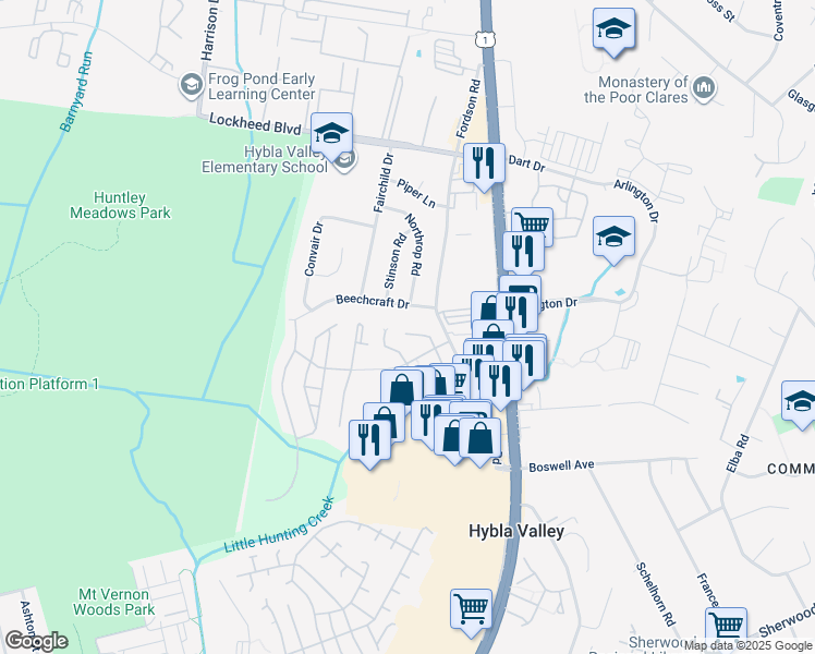 map of restaurants, bars, coffee shops, grocery stores, and more near 7532 Coxton Court in Alexandria