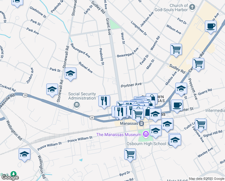 map of restaurants, bars, coffee shops, grocery stores, and more near 9244 Mosby Street in City of Manassas