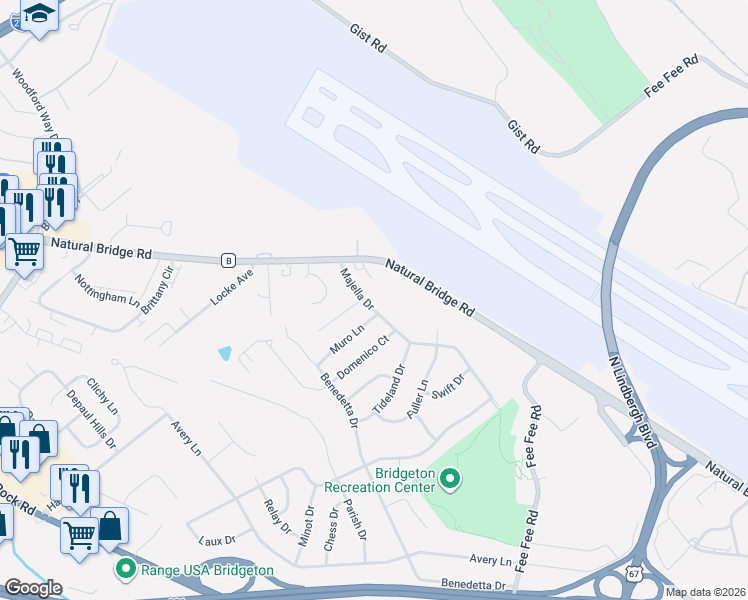 map of restaurants, bars, coffee shops, grocery stores, and more near 11926 Majella Drive in Bridgeton