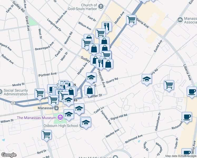 map of restaurants, bars, coffee shops, grocery stores, and more near 8930 Shadia Place in Manassas