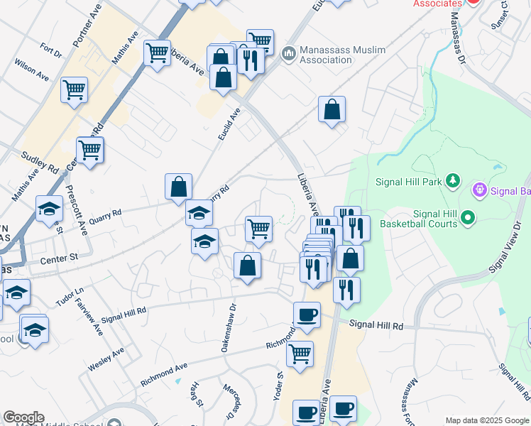 map of restaurants, bars, coffee shops, grocery stores, and more near 9565 Battery Heights Boulevard in Manassas