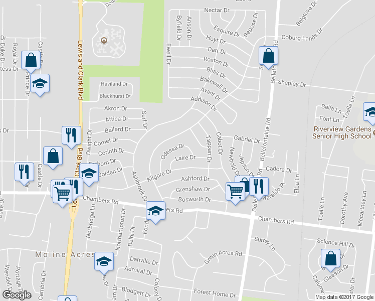 map of restaurants, bars, coffee shops, grocery stores, and more near 1210 Odessa Drive in St. Louis