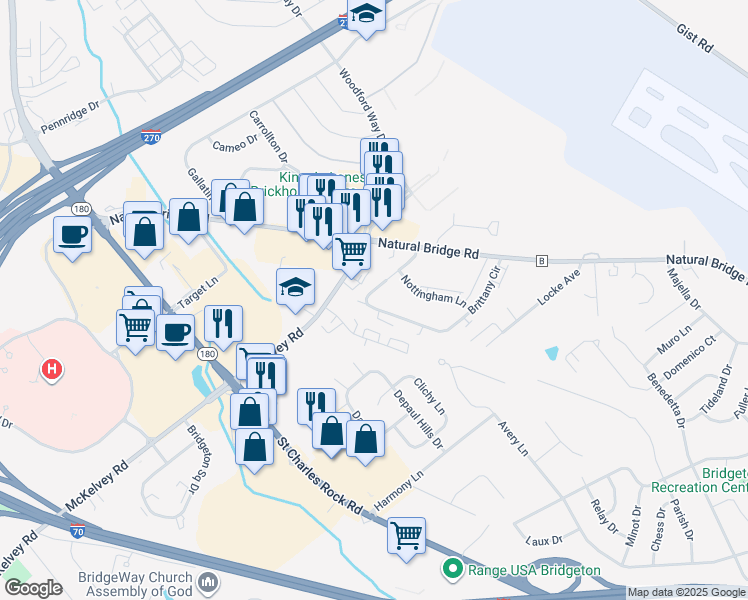 map of restaurants, bars, coffee shops, grocery stores, and more near 3895 Brittany Circle in Bridgeton