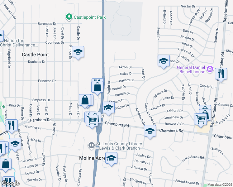 map of restaurants, bars, coffee shops, grocery stores, and more near 1521 Corinth Drive in St. Louis