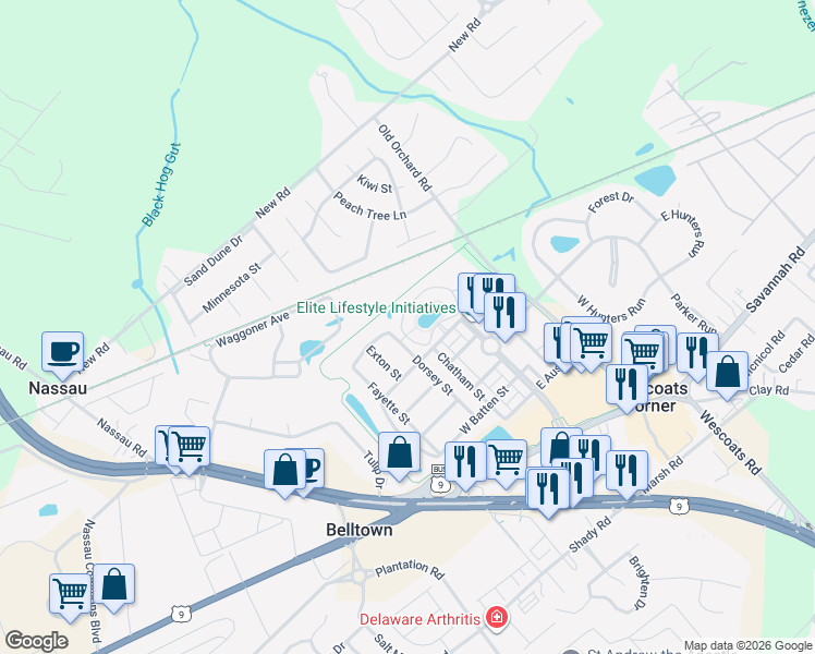 map of restaurants, bars, coffee shops, grocery stores, and more near 33120 North Village Loop in Lewes