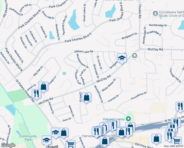 map of restaurants, bars, coffee shops, grocery stores, and more near 620 Woodstream Drive in Saint Charles