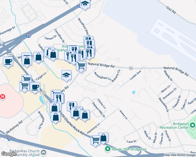 map of restaurants, bars, coffee shops, grocery stores, and more near 12150 Nottingham Lane in Bridgeton