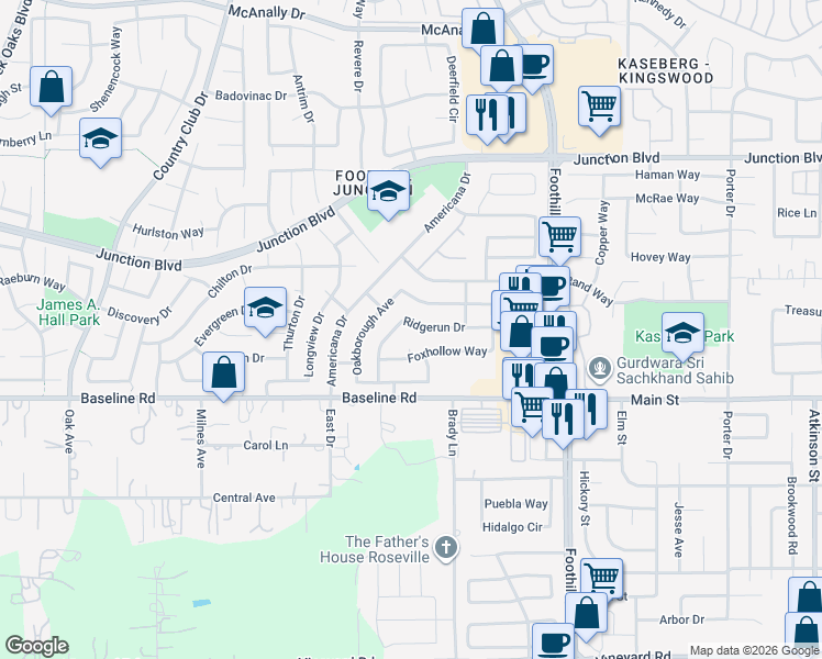 map of restaurants, bars, coffee shops, grocery stores, and more near 1334 Ridgerun Drive in Roseville