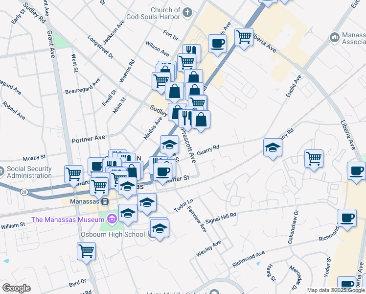 map of restaurants, bars, coffee shops, grocery stores, and more near 8930 Shadia Place in Manassas