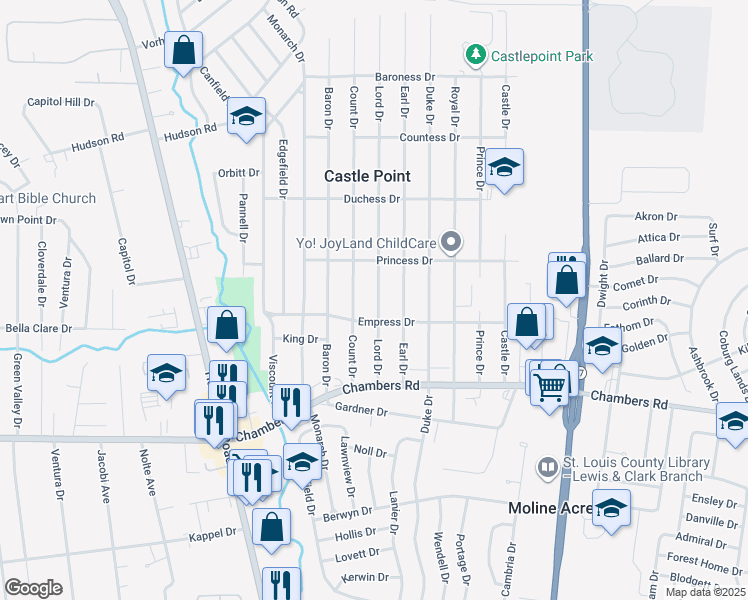 map of restaurants, bars, coffee shops, grocery stores, and more near 10113 Lord Drive in St. Louis
