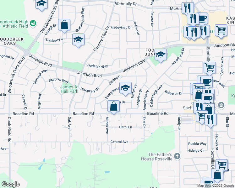 map of restaurants, bars, coffee shops, grocery stores, and more near 207 Red Leaf Court in Roseville