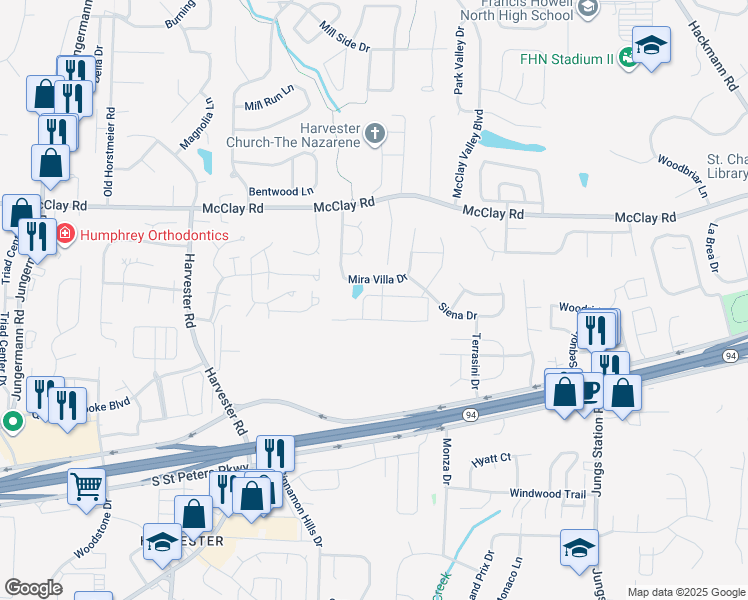 map of restaurants, bars, coffee shops, grocery stores, and more near 1023 Saravalle Drive in St. Peters