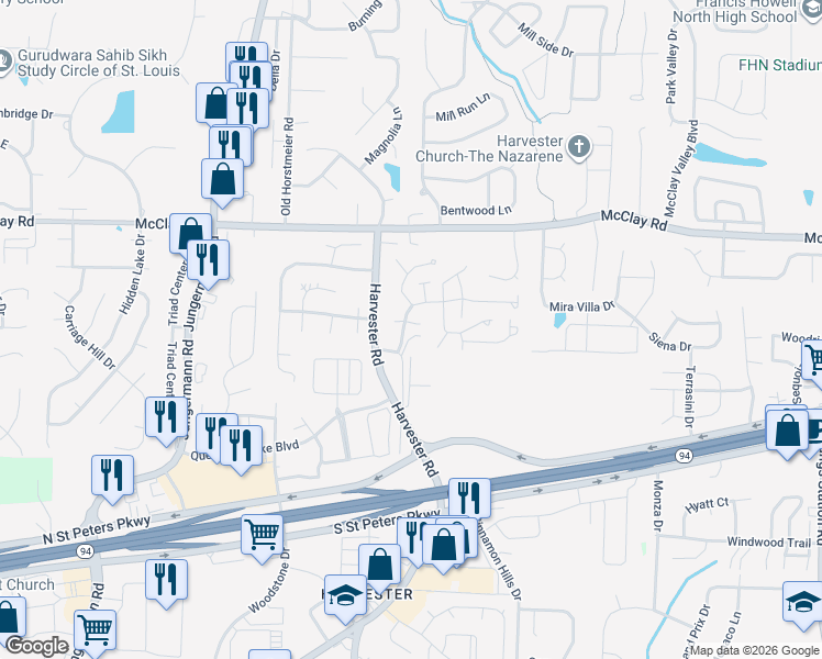 map of restaurants, bars, coffee shops, grocery stores, and more near 15 Sugarwood Court in St. Peters