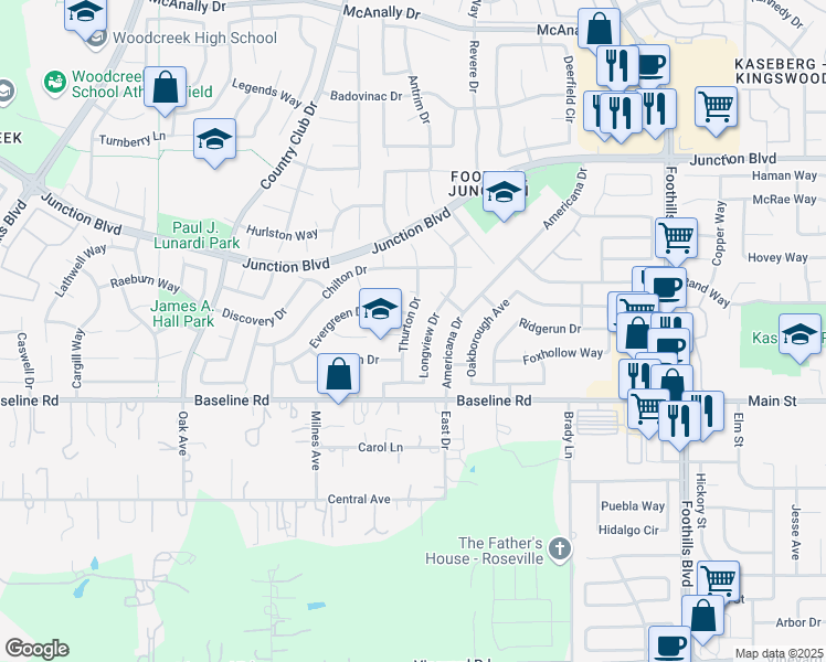 map of restaurants, bars, coffee shops, grocery stores, and more near 2216 Thurton Dr in Roseville