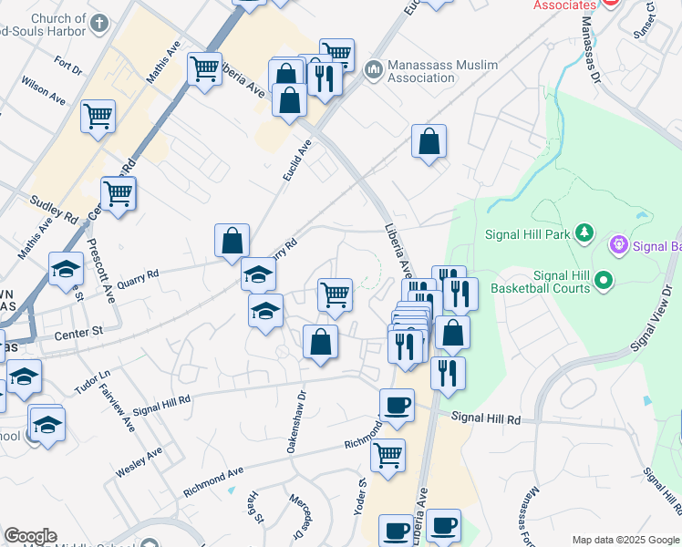 map of restaurants, bars, coffee shops, grocery stores, and more near 9563 Battery Heights Boulevard in Manassas