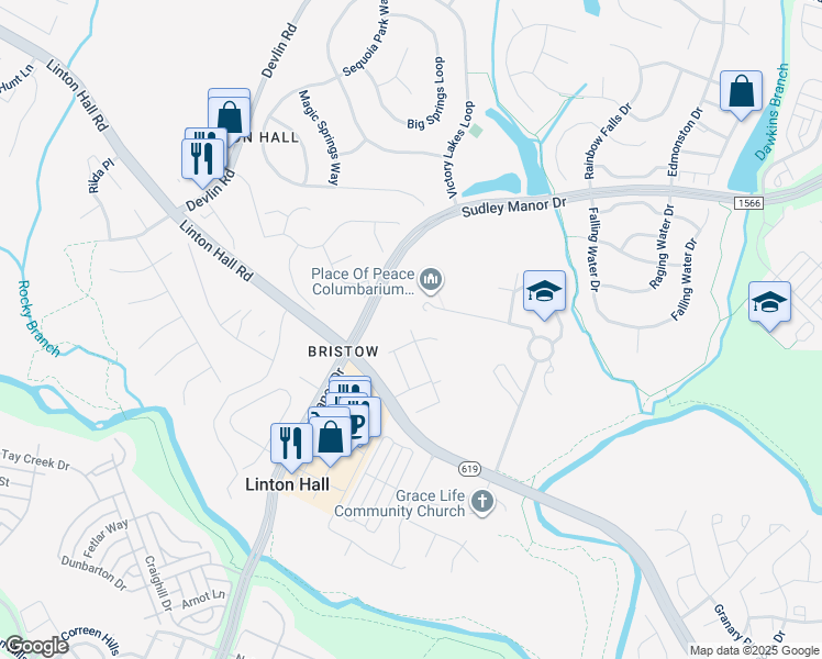 map of restaurants, bars, coffee shops, grocery stores, and more near 9244 Crestview Ridge Drive in Linton Hall