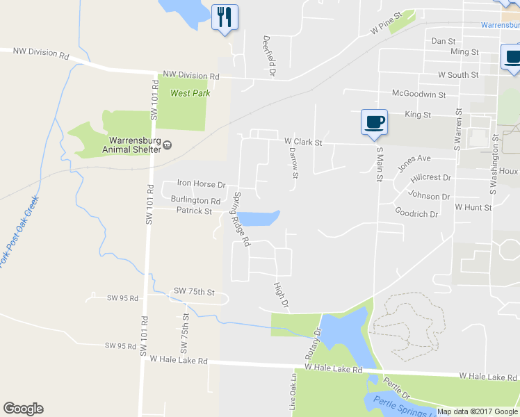 map of restaurants, bars, coffee shops, grocery stores, and more near 634 Oakmont Drive in Warrensburg