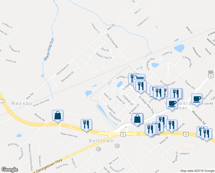 map of restaurants, bars, coffee shops, grocery stores, and more near 33000 West Falling Creek Street in Lewes