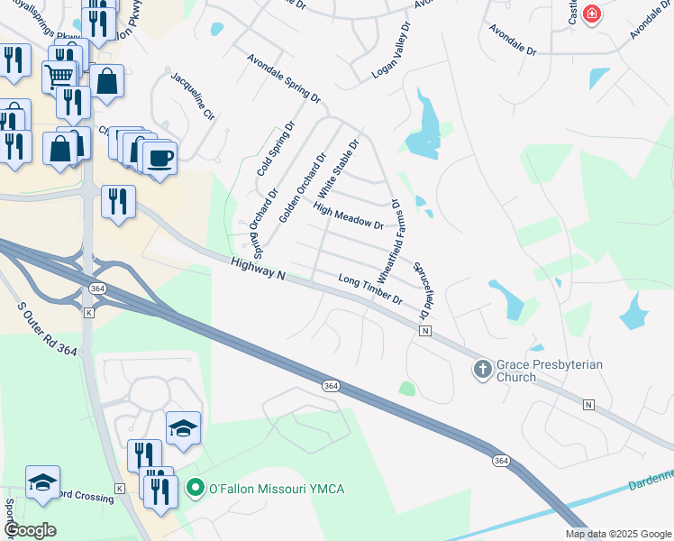 map of restaurants, bars, coffee shops, grocery stores, and more near 6429 Long Timber Drive in O'Fallon