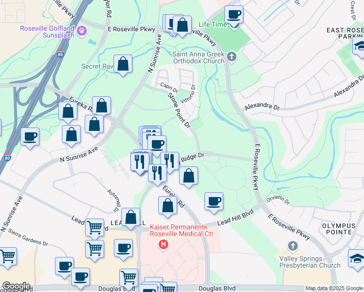 map of restaurants, bars, coffee shops, grocery stores, and more near 1478 Stone Point Drive in Roseville