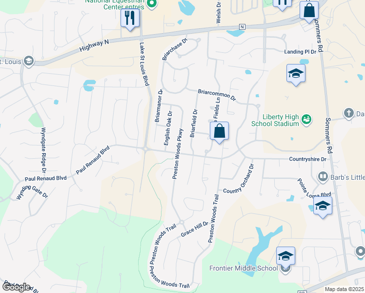 map of restaurants, bars, coffee shops, grocery stores, and more near 1945 Briarfield Drive in O'Fallon