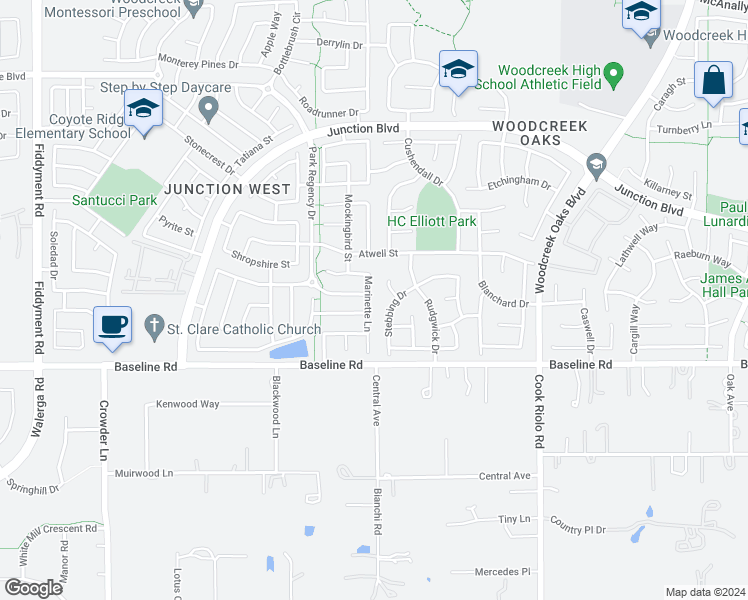 map of restaurants, bars, coffee shops, grocery stores, and more near 1873 Marinette Lane in Roseville