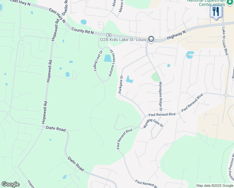 map of restaurants, bars, coffee shops, grocery stores, and more near 499 Parkgate Drive in Lake Saint Louis