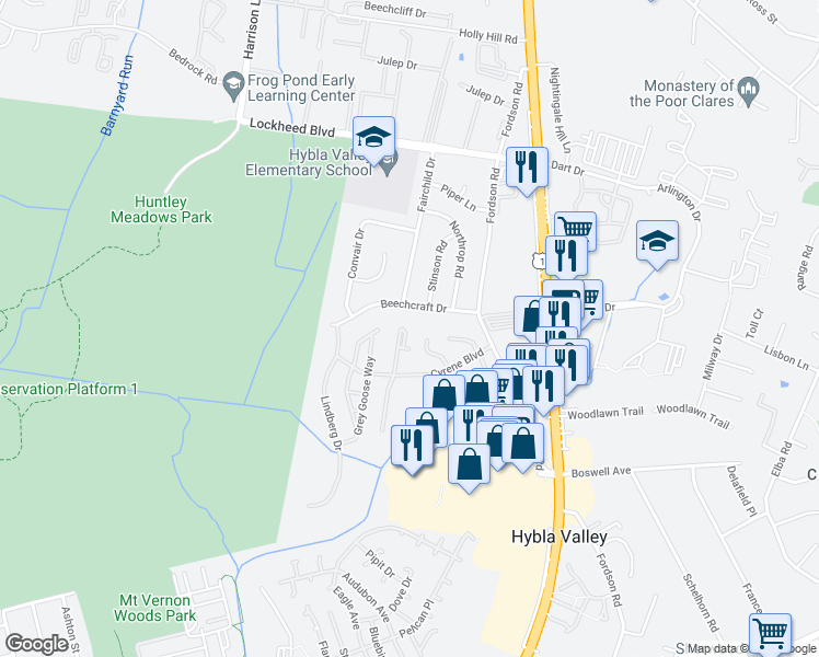 map of restaurants, bars, coffee shops, grocery stores, and more near 7541 Great Swan Court in Alexandria