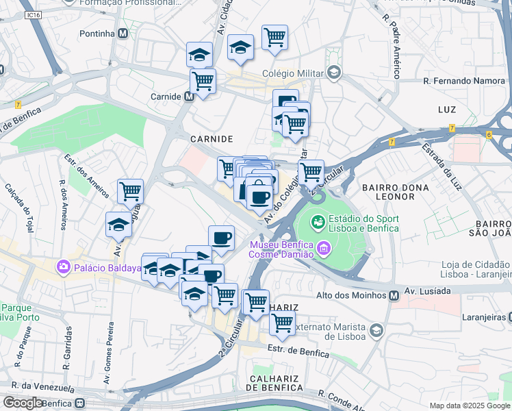 map of restaurants, bars, coffee shops, grocery stores, and more near 37 Avenida Colégio Militar in Lisboa