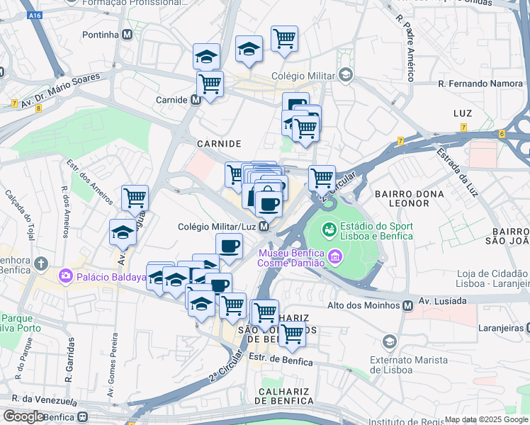 map of restaurants, bars, coffee shops, grocery stores, and more near 37 Avenida Colégio Militar in Lisboa