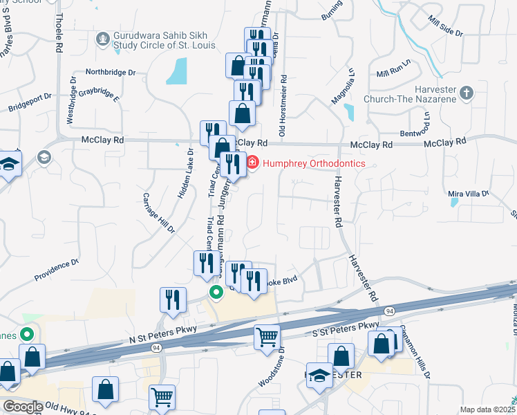 map of restaurants, bars, coffee shops, grocery stores, and more near 3068 Almond Tree Drive in St. Peters