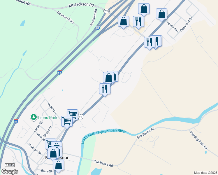 map of restaurants, bars, coffee shops, grocery stores, and more near 5300 Main Street in Mount Jackson